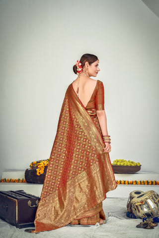 Party Wear Brown Color Art Silk Fabric Designer Weaving Work Saree ClothsVilla