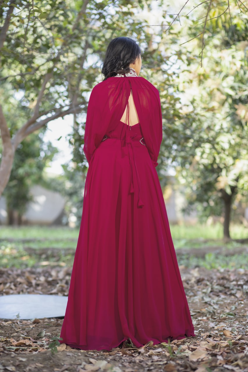 Party Wear Dark Pink Color Poncho Gown Clothsvilla