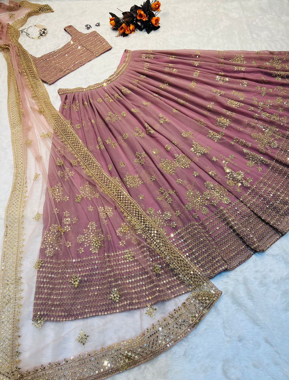 Party Wear Dusty Pink Color Embrodary Sequence Work Lehenga Choli Clothsvilla