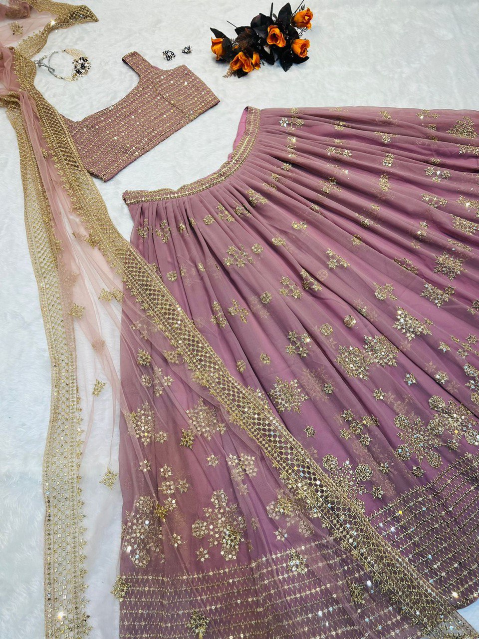 Party Wear Dusty Pink Color Embrodary Sequence Work Lehenga Choli Clothsvilla