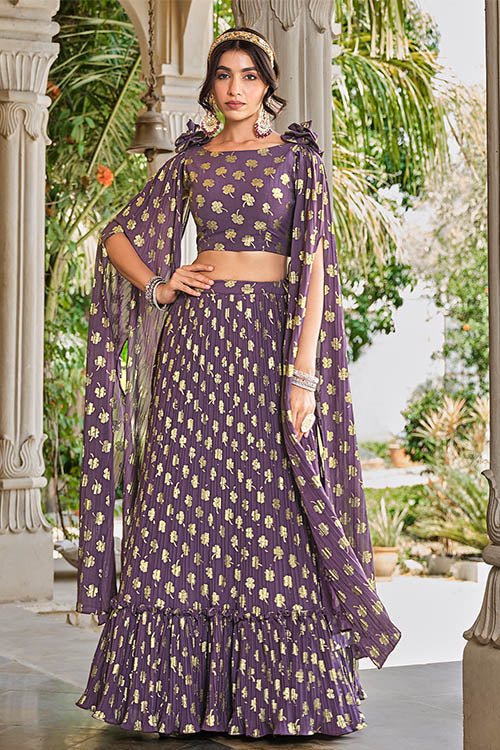 Party Wear Light Purple Gerogette Foil Printed Lehenga Choli with Dupatta ClothsVilla.com