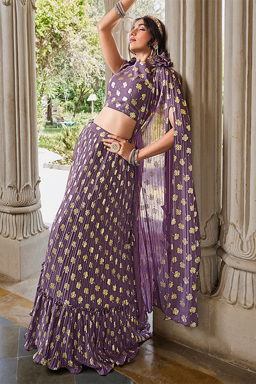 Party Wear Light Purple Gerogette Foil Printed Lehenga Choli with Dupatta ClothsVilla.com