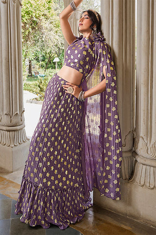 Party Wear Light Purple Gerogette Foil Printed Lehenga Choli with Dupatta ClothsVilla.com
