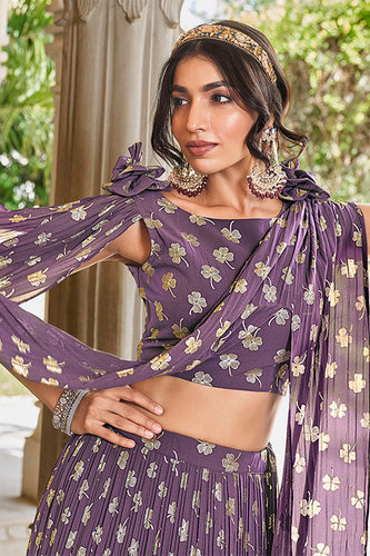 Party Wear Light Purple Gerogette Foil Printed Lehenga Choli with Dupatta ClothsVilla.com