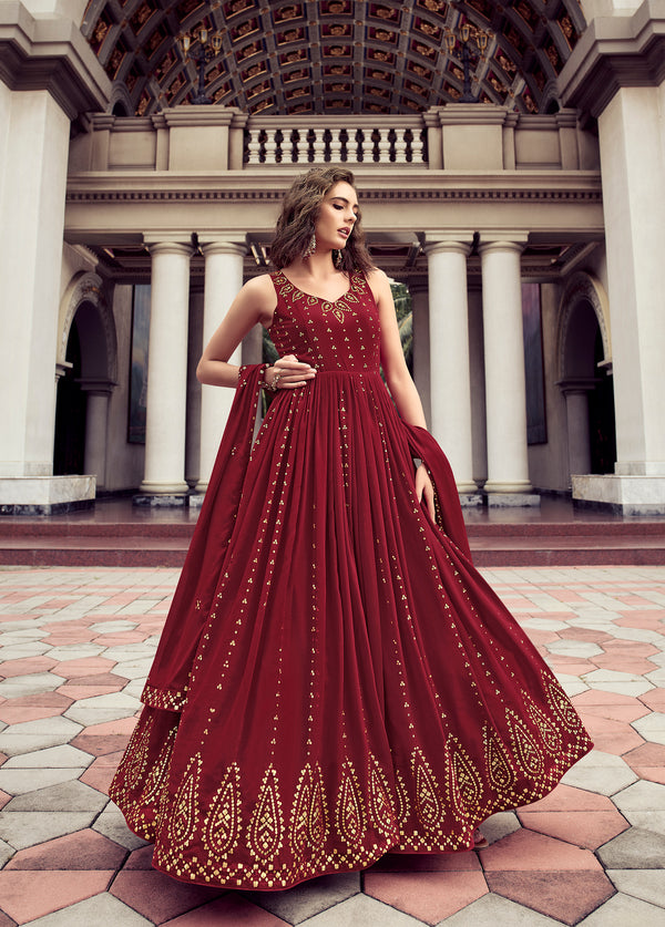 Party Wear Maroon Color Thread Sequence Work Gown Clothsvilla