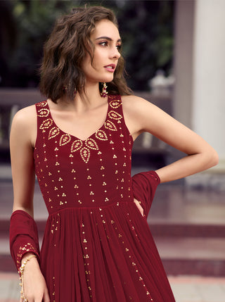 Party Wear Maroon Color Thread Sequence Work Gown Clothsvilla