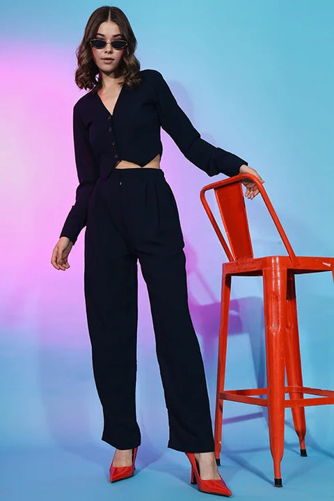 Party Wear Navy Blue Fancy Fabric Self Design Co-Ord Set ClothsVilla Main image