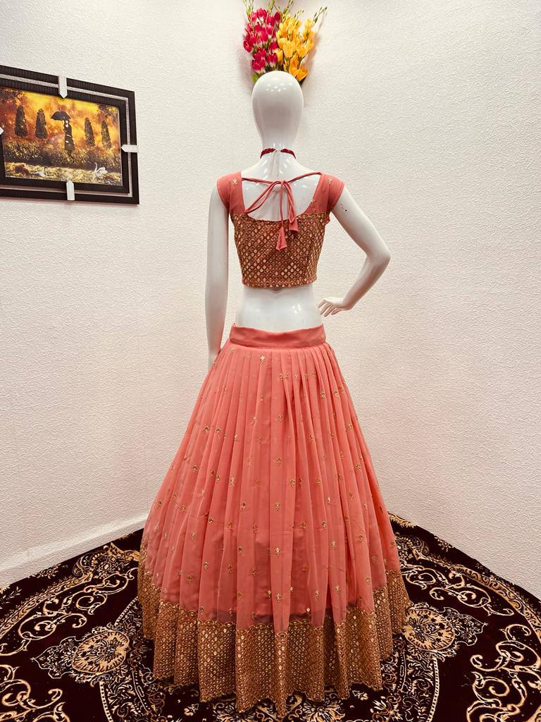 Party Wear Peach Color Sequence Embroidery Work Lehenga Choli Clothsvilla