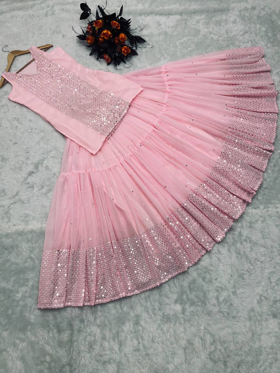 Party Wear Peach Color Sequence Work Lehenga With Top Clothsvilla Main image