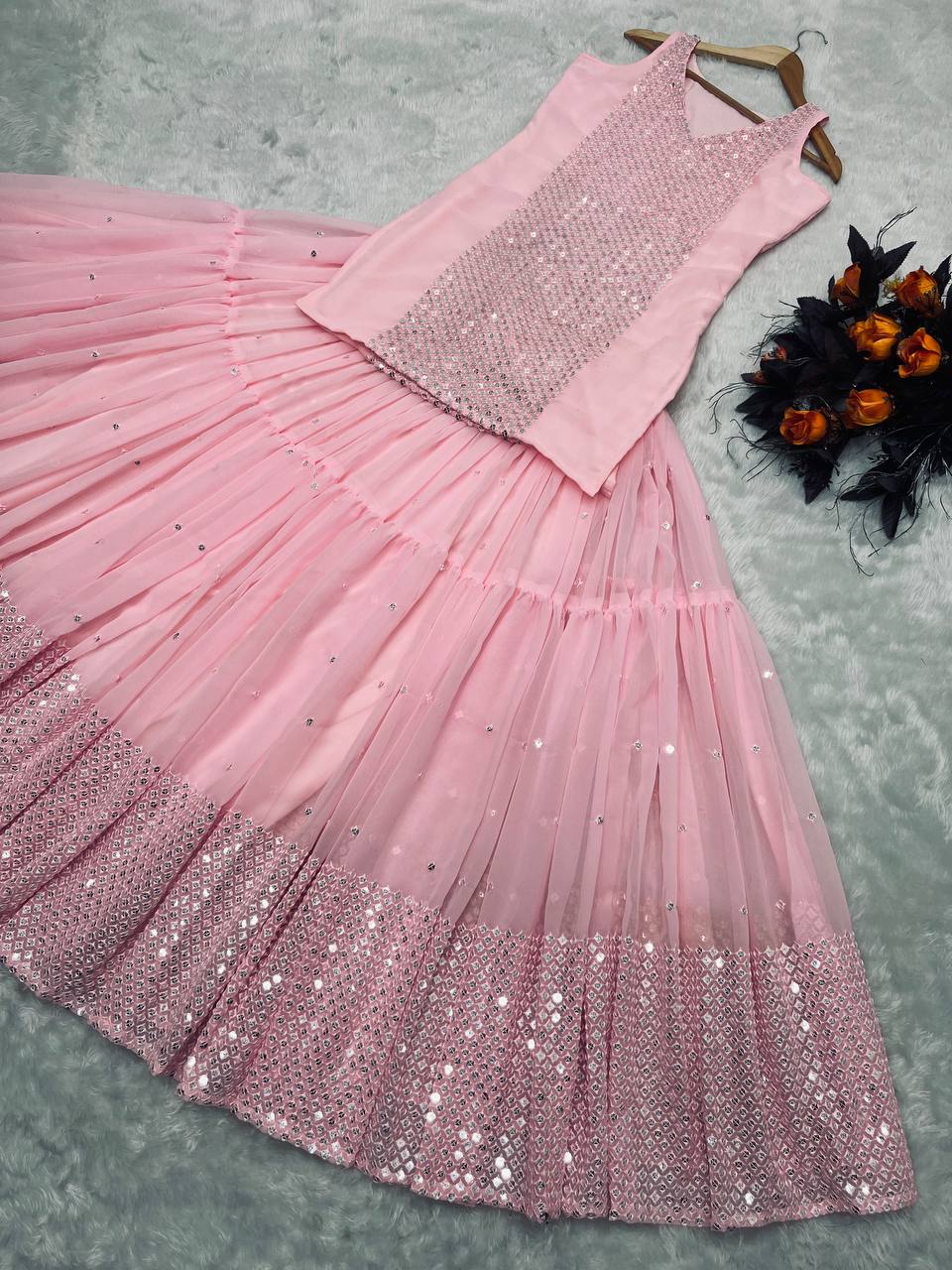 Party Wear Peach Color Sequence Work Lehenga With Top Clothsvilla