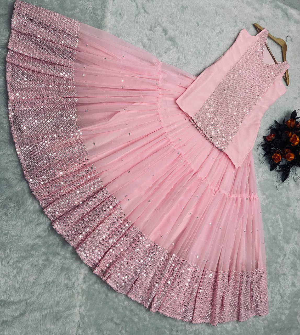 Party Wear Peach Color Sequence Work Lehenga With Top Clothsvilla