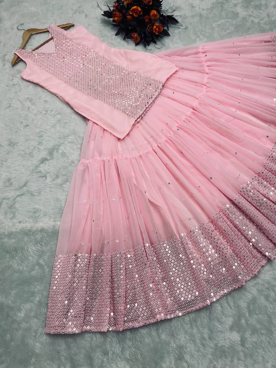 Party Wear Peach Color Sequence Work Lehenga With Top Clothsvilla