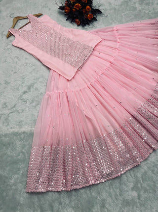 Party Wear Peach Color Sequence Work Lehenga With Top Clothsvilla