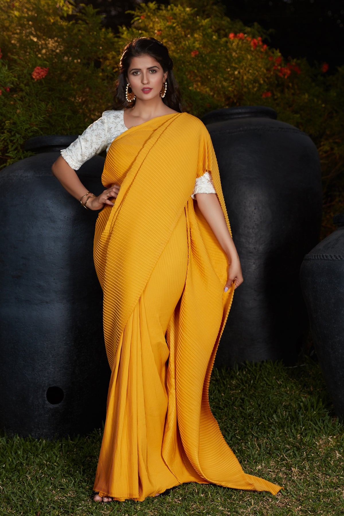 Party Wear Pleated Saree In Yellow Foil Work Silk With Blouse ClothsVilla Main image