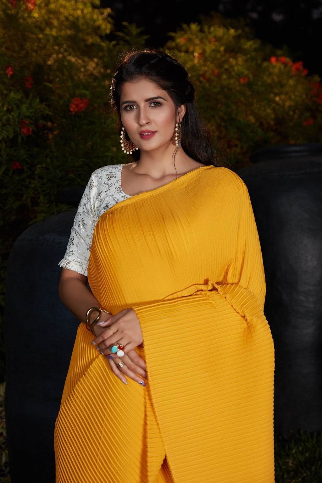 Party Wear Pleated Saree In Yellow Foil Work Silk With Blouse ClothsVilla