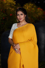 Load image into Gallery viewer, Party Wear Pleated Saree In Yellow Foil Work Silk With Blouse ClothsVilla