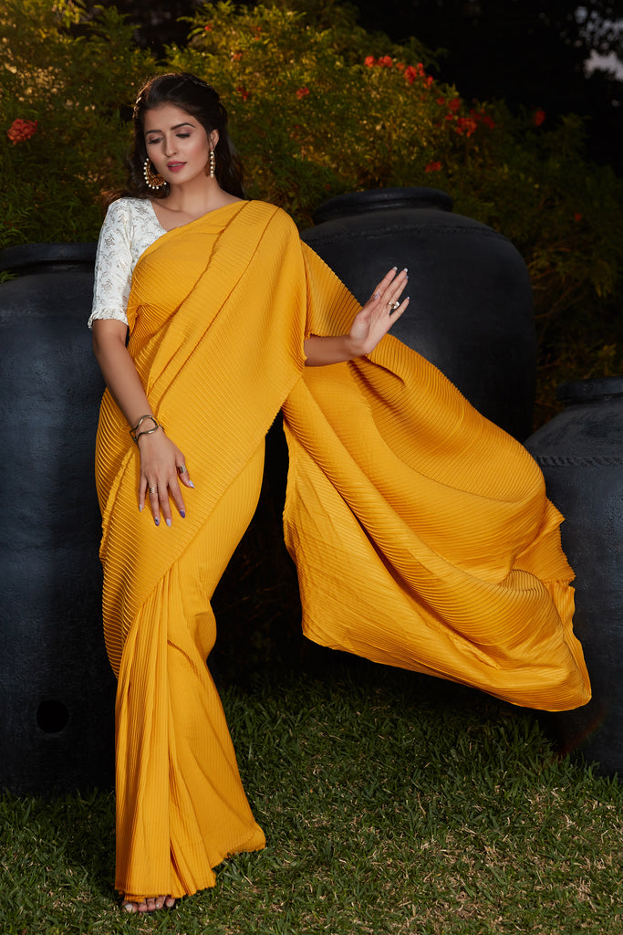 Party Wear Pleated Saree In Yellow Foil Work Silk With Blouse ClothsVilla