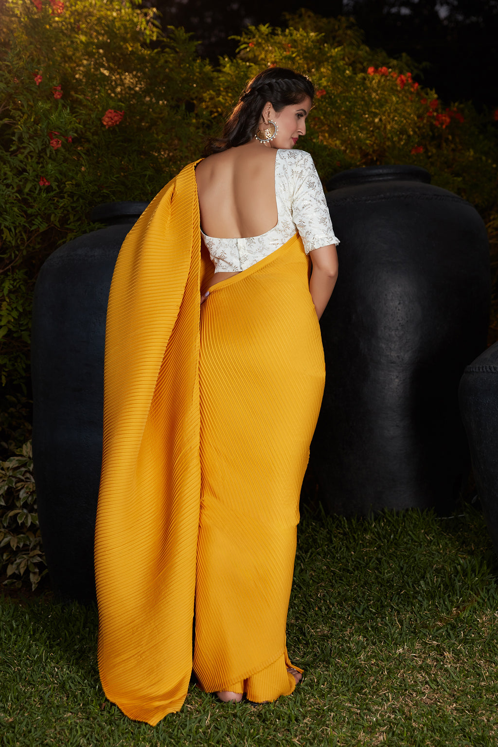 Party Wear Pleated Saree In Yellow Foil Work Silk With Blouse ClothsVilla