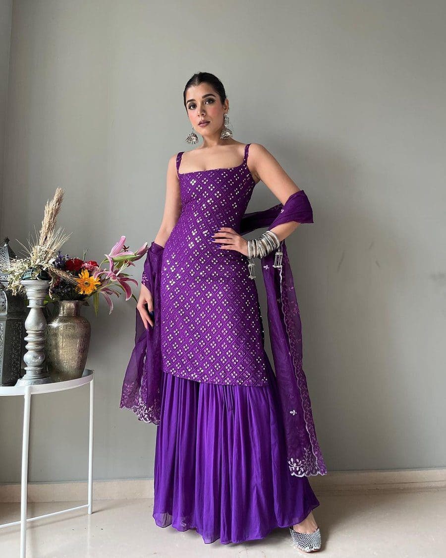 Party Wear Sharara Suit In Purple Color With Heavy Embroidery Work Clothsvilla