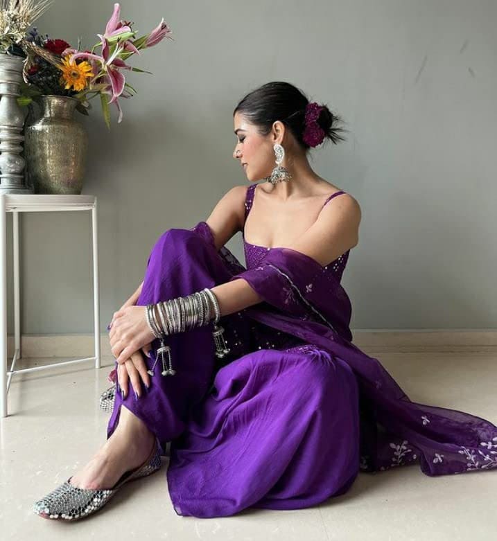 Party Wear Sharara Suit In Purple Color With Heavy Embroidery Work Clothsvilla