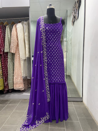 Party Wear Sharara Suit In Purple Color With Heavy Embroidery Work Clothsvilla