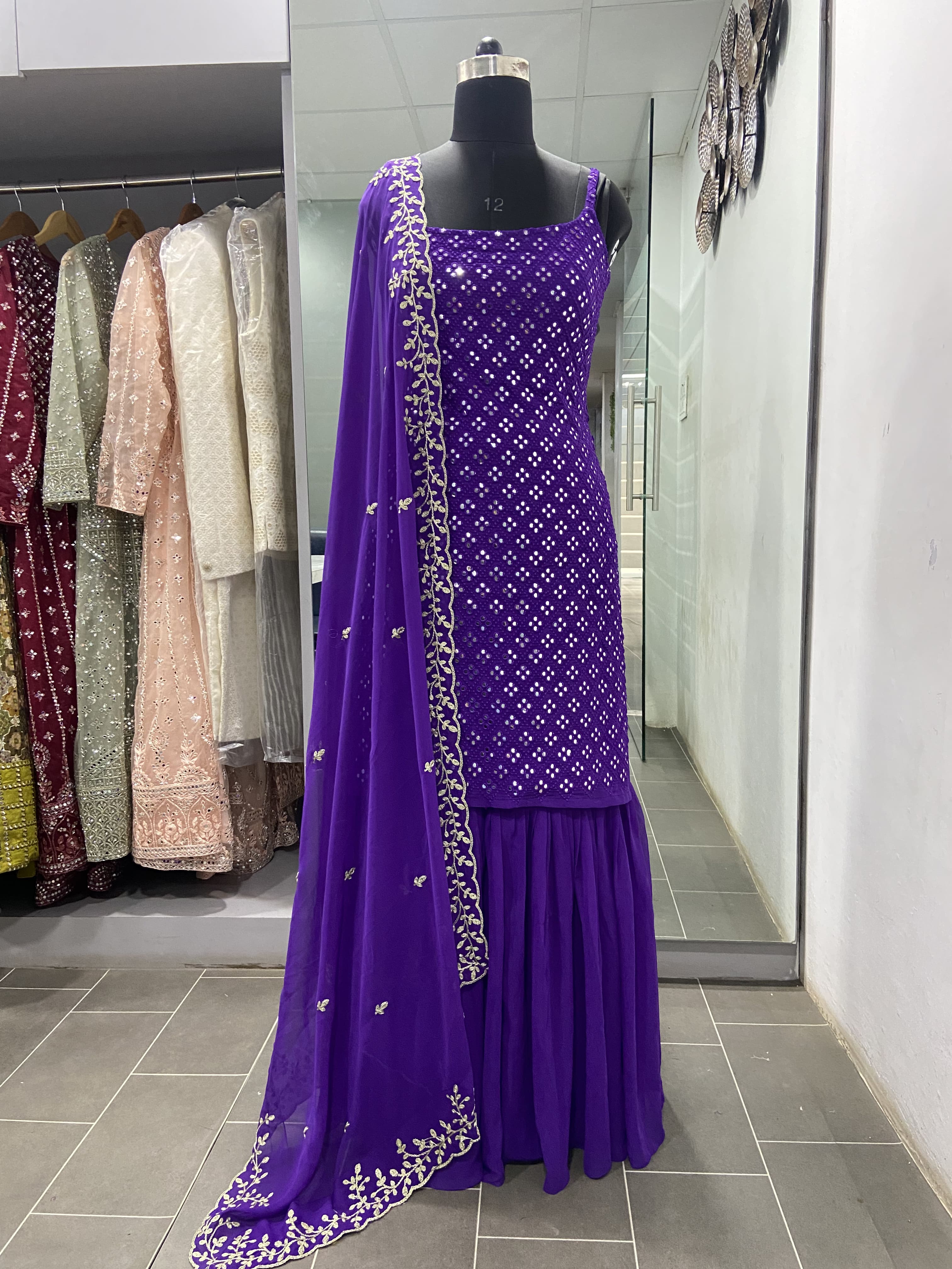 Party Wear Sharara Suit In Purple Color With Heavy Embroidery Work Clothsvilla