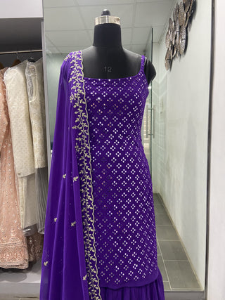 Party Wear Sharara Suit In Purple Color With Heavy Embroidery Work Clothsvilla