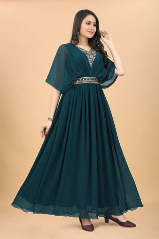 Party Wear Teal Blue Color Fancy Pleated Designer Gown Clothsvilla