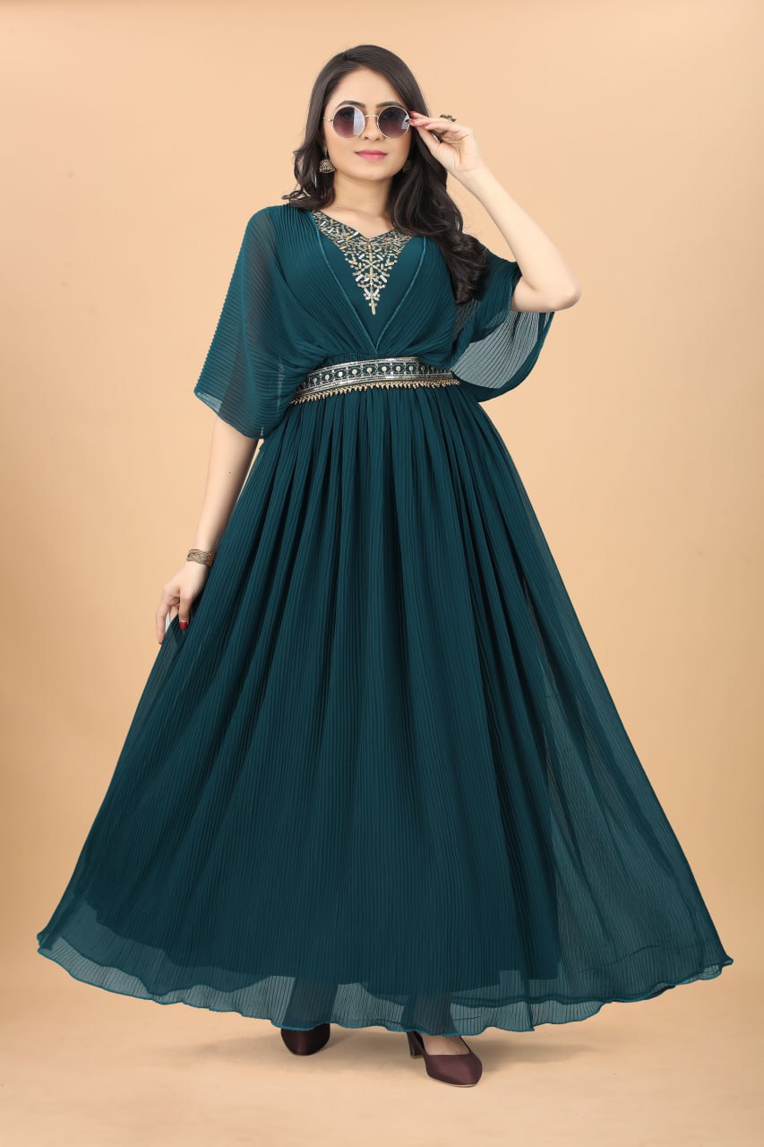 Party Wear Teal Blue Color Fancy Pleated Designer Gown Clothsvilla
