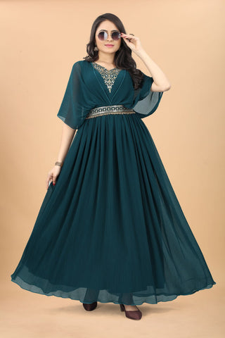 Party Wear Teal Blue Color Fancy Pleated Designer Gown Clothsvilla