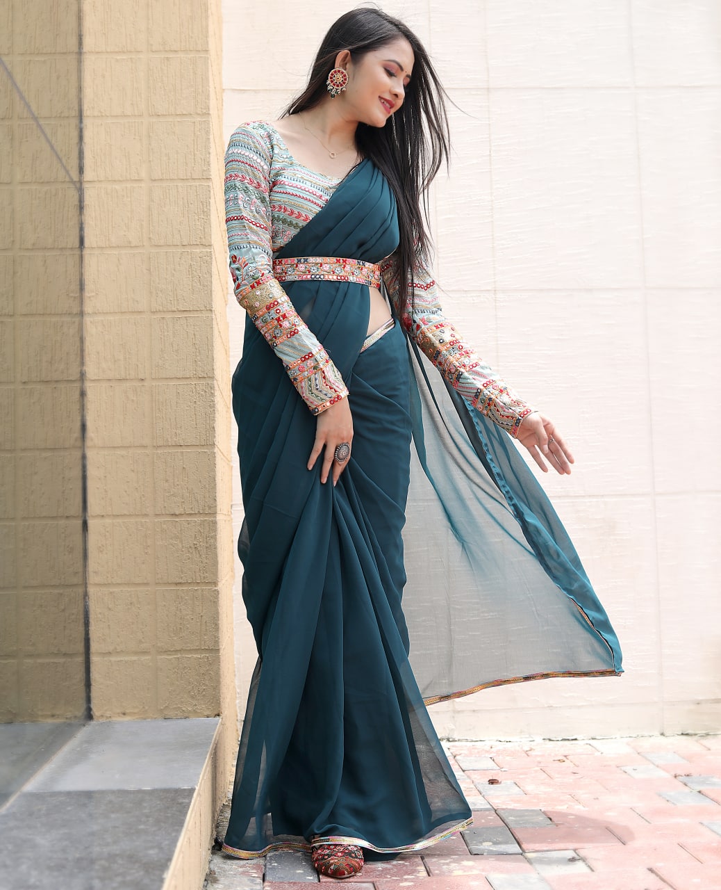 Party Wear Teal Blue Saree With Fancy Thread Sequence Belt & Blouse Clothsvilla
