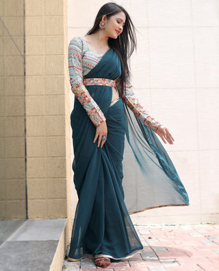 Party Wear Teal Blue Saree With Fancy Thread Sequence Belt & Blouse Clothsvilla