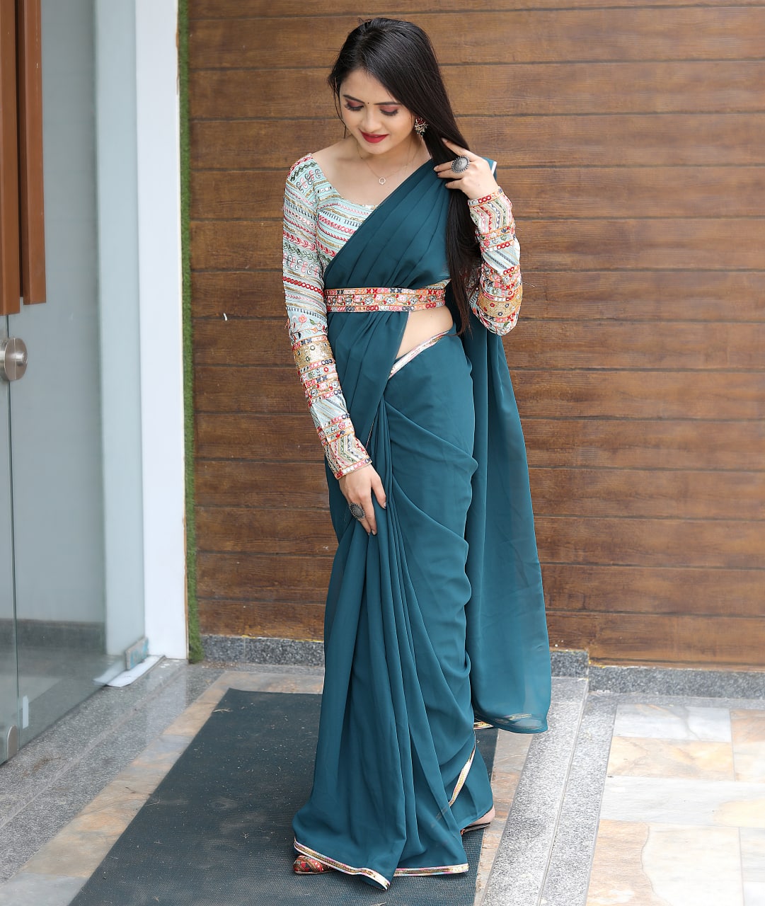 Party Wear Teal Blue Saree With Fancy Thread Sequence Belt & Blouse Clothsvilla