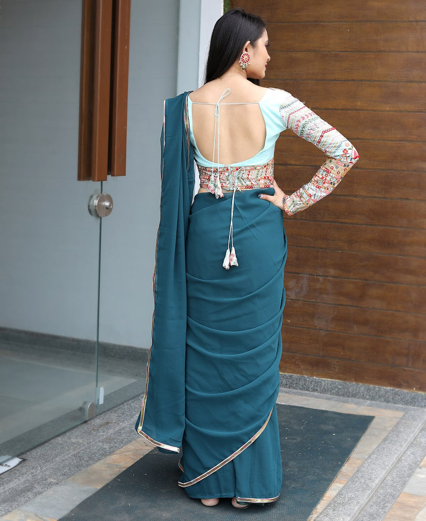 Party Wear Teal Blue Saree With Fancy Thread Sequence Belt & Blouse Clothsvilla