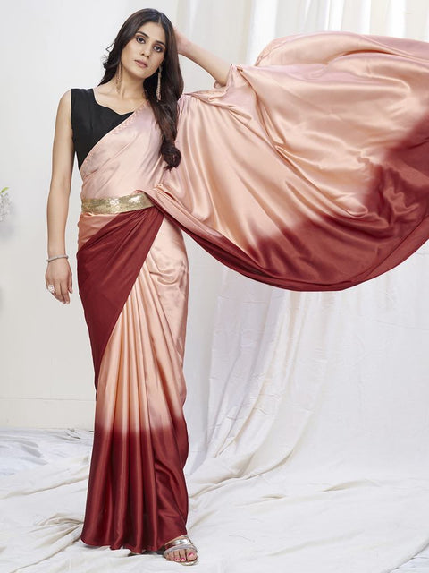 Pastel Peach-Maroon Ready to Wear One Minute Lycra Saree ClothsVilla Main image