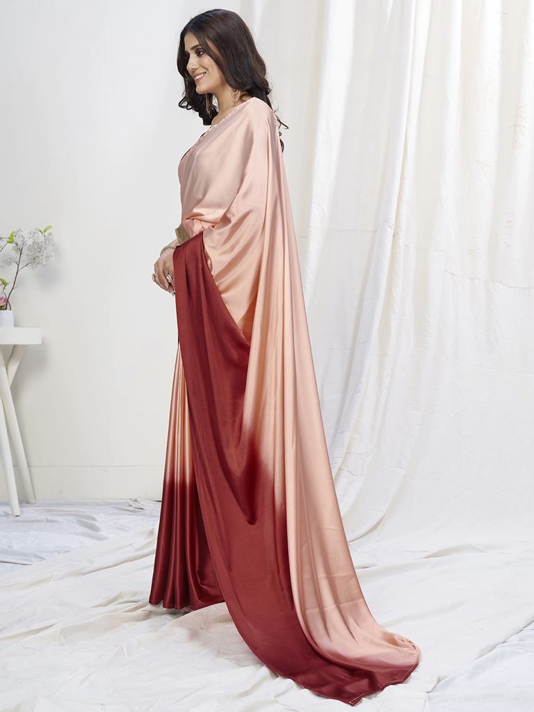 Pastel Peach-Maroon Ready to Wear One Minute Lycra Saree ClothsVilla
