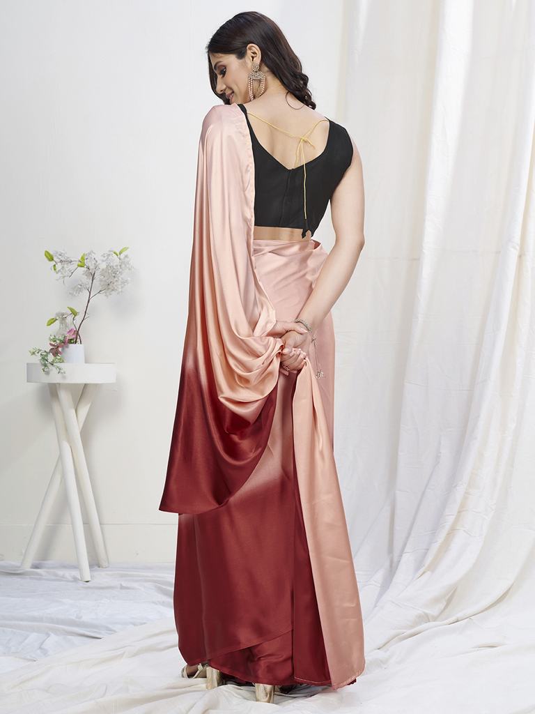Pastel Peach-Maroon Ready to Wear One Minute Lycra Saree ClothsVilla