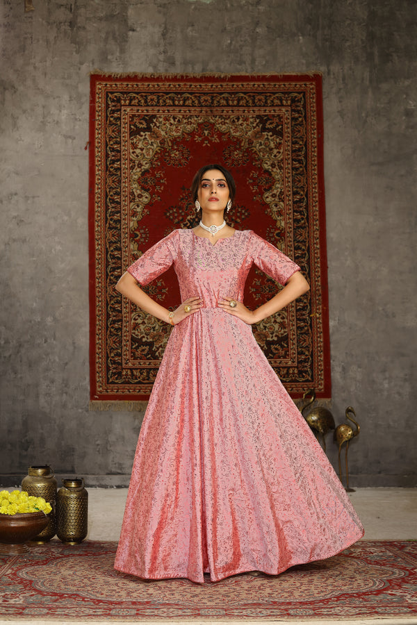 Pastel Pink Metallic Foil Taffeta Party Wear Gown ClothsVilla