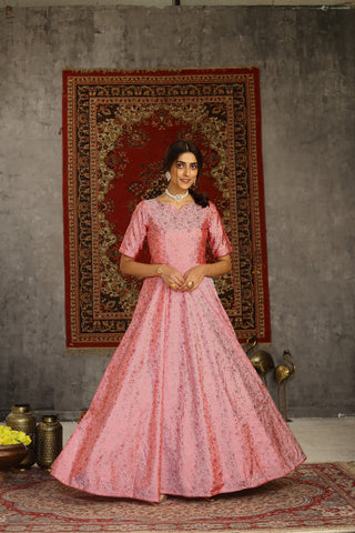 Pastel Pink Metallic Foil Taffeta Party Wear Gown ClothsVilla