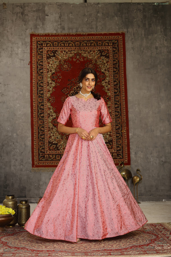 Pastel Pink Metallic Foil Taffeta Party Wear Gown ClothsVilla