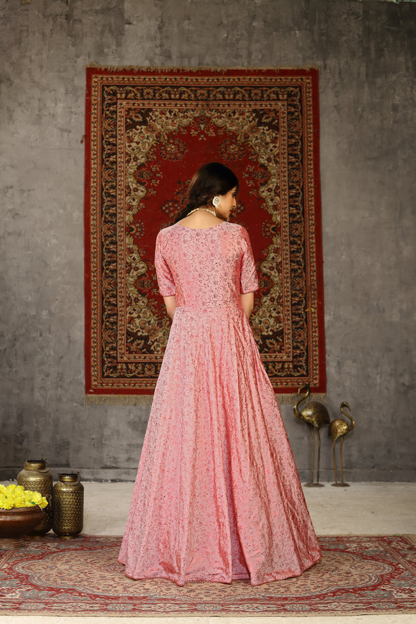 Pastel Pink Metallic Foil Taffeta Party Wear Gown ClothsVilla