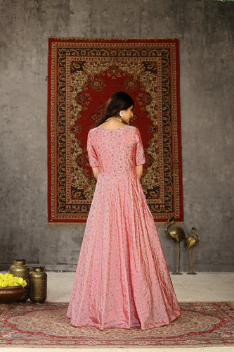 Pastel Pink Metallic Foil Taffeta Party Wear Gown ClothsVilla