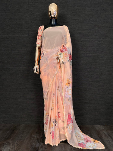 Peach Color Printed Pearl Lace Border Georgette Saree Clothsvilla
