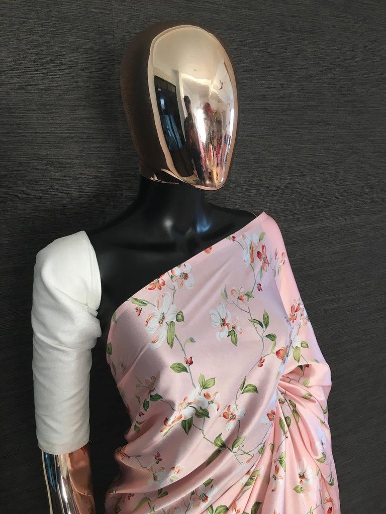 Peach Color Floral Digital Printed Japan Satin Saree Clothsvilla