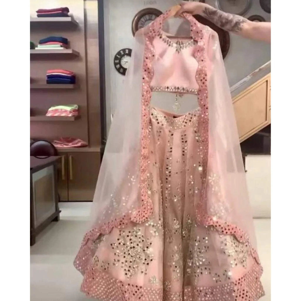 Peach Lehenga Choli with Real Mirror and Embroidery Work ClothsVilla