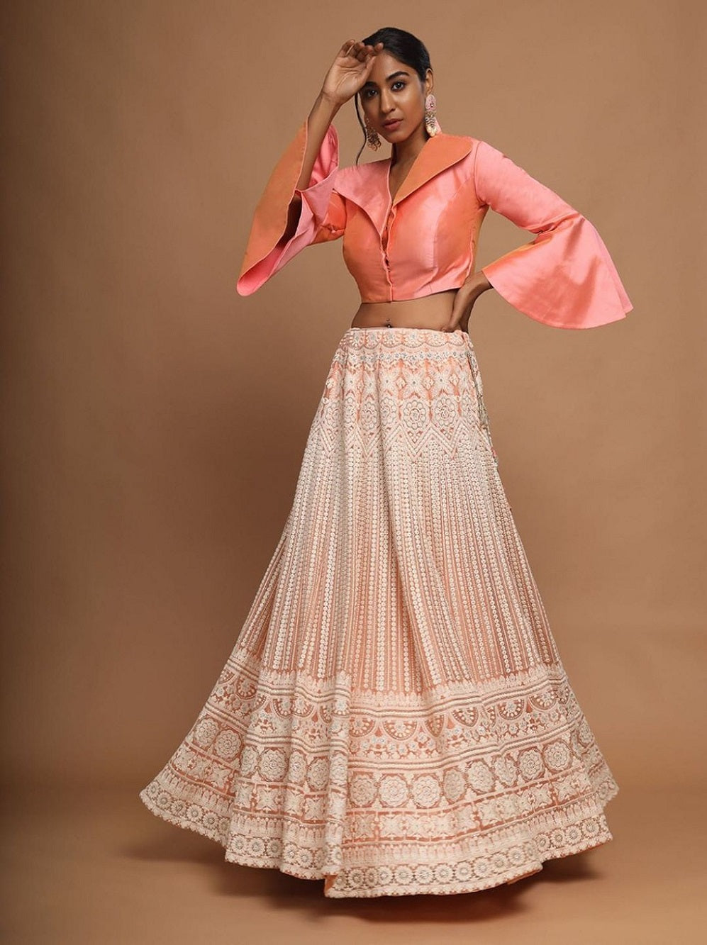 Peach Color Lucknowi Net Fabric Two Piece Lehenga Set Clothsvilla