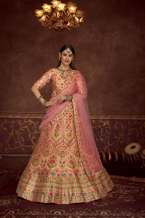 Peach And Multicolored Embroidery Work With Print With Diamond Work Art Silk Wedding Lehenga ClothsVilla Main image
