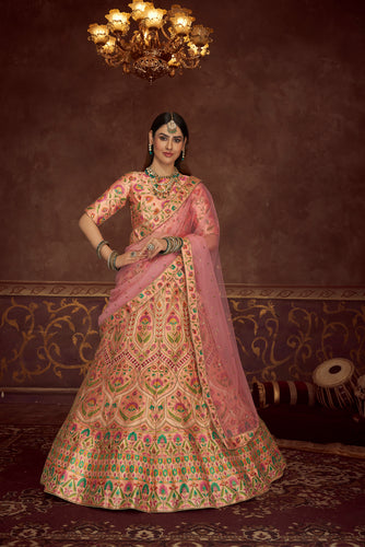 Peach And Multicolored Embroidery Work With Print With Diamond Work Art Silk Wedding Lehenga ClothsVilla