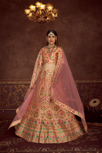 Peach And Multicolored Embroidery Work With Print With Diamond Work Art Silk Wedding Lehenga ClothsVilla