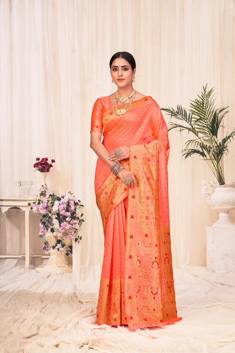 Peach Banarasi Silk Wedding Wear Saree With Blouse ClothsVilla Main image